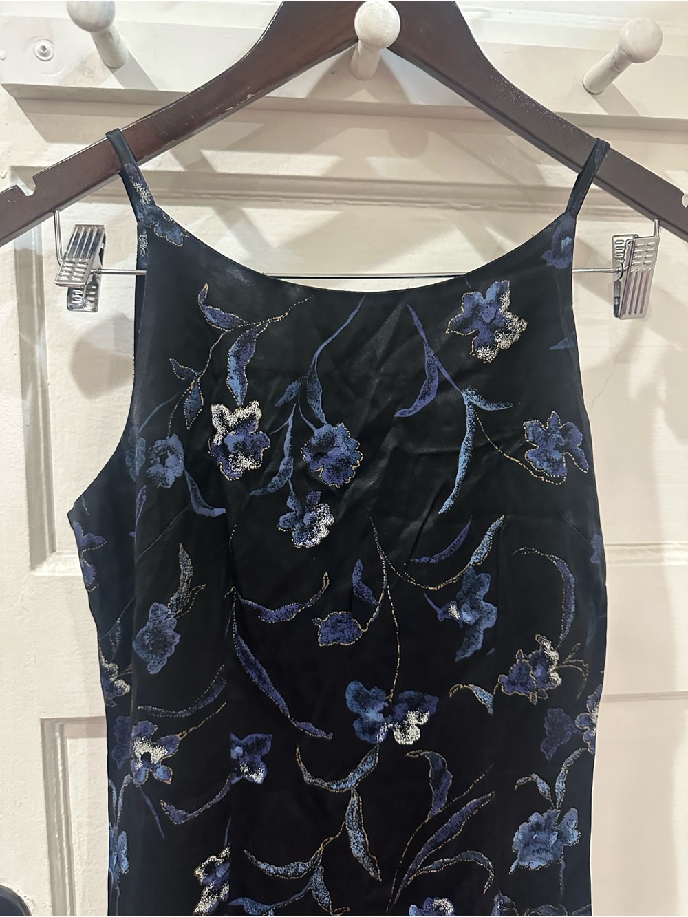 All that Jazz mini silk Slip Dress with Blue Floral Embroidery